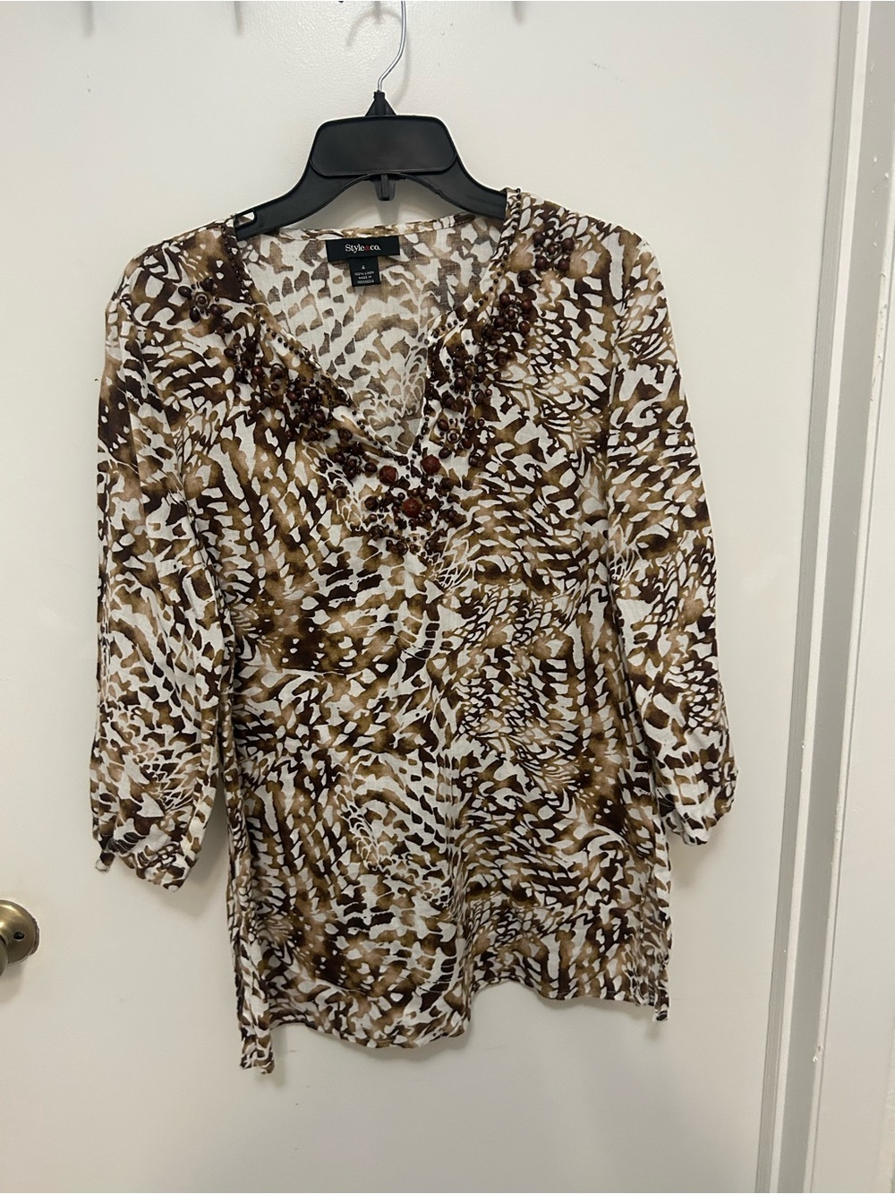 Style & Co. Brown and White Animal-Print V-Neck Tunic with Beaded Detail